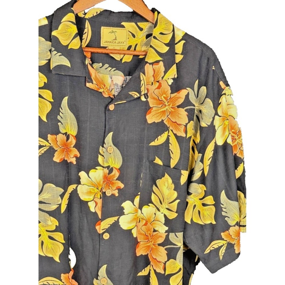 Jamaica Jaxx Hawaiian Camp Shirt 100% Silk XL Black Orange Hibiscus Leaf